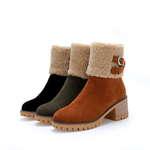 Women's thick heel leather buckle warm boots