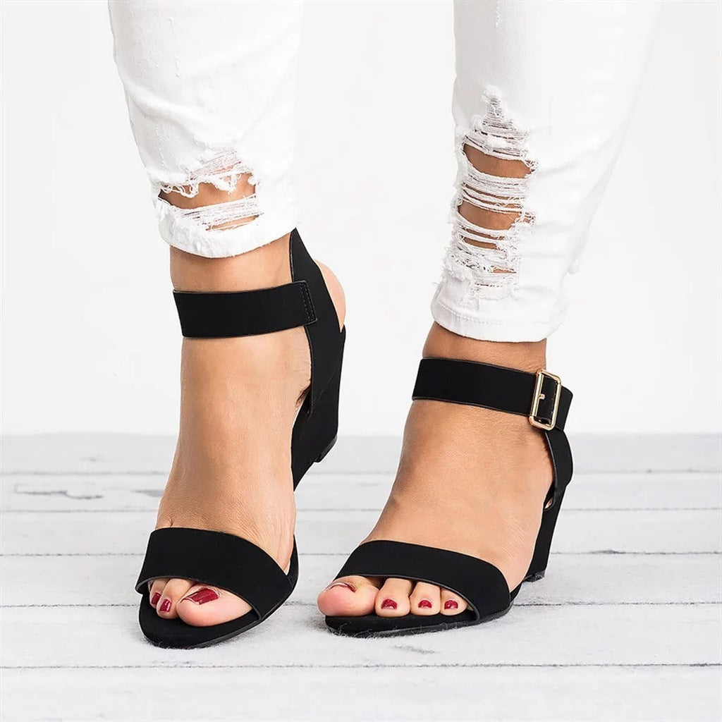 Women's Solid Color Round Toe Buckle Wedge Sandals