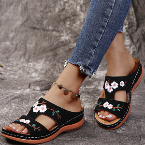 Hollow Flower Embroidered Wedge Ladies Slippers