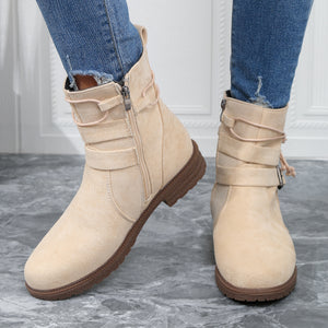 Women Buckle Decor Tie Side Faux Suede Boots