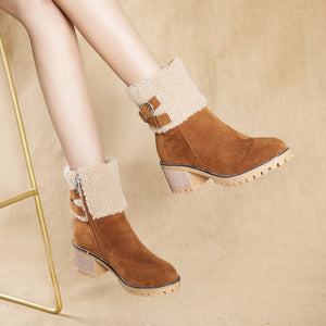 Women's thick heel leather buckle warm boots