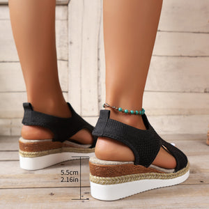 Womens Width Sandals Flat Wedge Heel Fly Weave Casual Hollow Beach Sandals