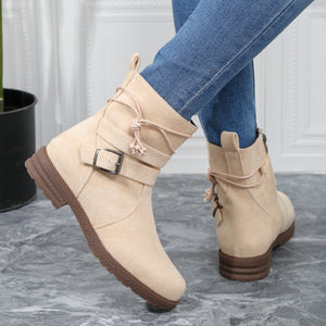 Women Buckle Decor Tie Side Faux Suede Boots