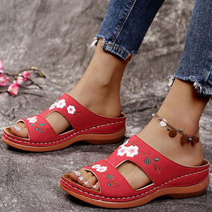 Hollow Flower Embroidered Wedge Ladies Slippers