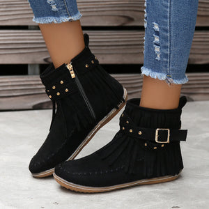 Women's Suede Fringe Drop Round Toe Flat Boots