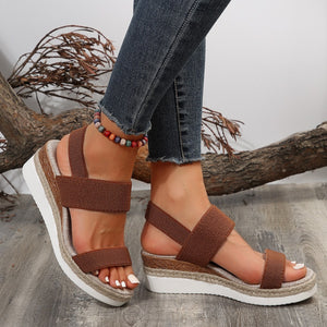 Stretch Peep Toe Casual Side Hollow Slope Bottom Sandals