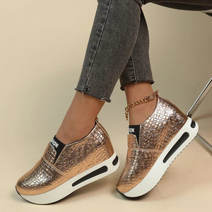 Metallic Thick Bottom Slip On Women Pumps