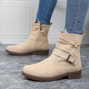 Women Buckle Decor Tie Side Faux Suede Boots