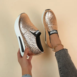 Metallic Thick Bottom Slip On Women Pumps