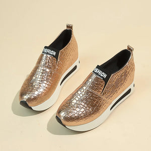 Metallic Thick Bottom Slip On Women Pumps