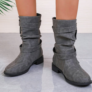 Women's Ankle Boots With Buckle Retro Combat Ankle Boots Fall Winter PU Leather Short Boots