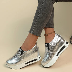 Metallic Thick Bottom Slip On Women Pumps