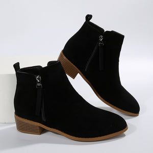 Women's Fashionable Low-heel Pointed-toe Boots In Brown Color With Double Zipper Design