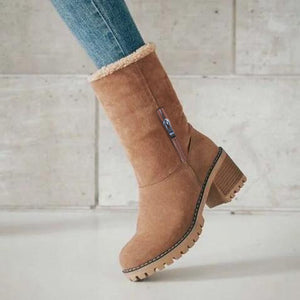 Women's Chunky Heel Round Toe Snow Boots-With zipper