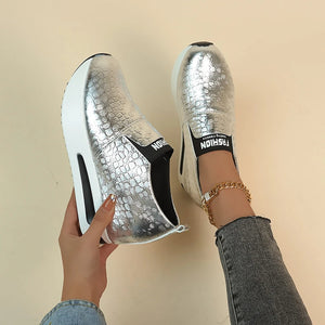 Metallic Thick Bottom Slip On Women Pumps