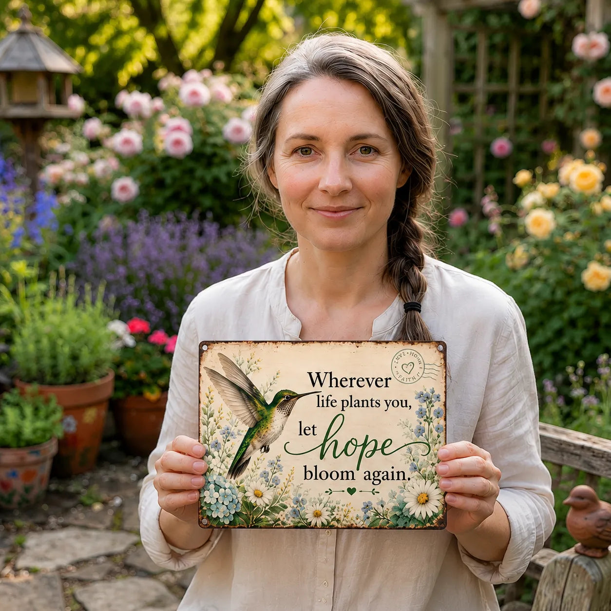 🌿 Hope Bloom Again Hummingbird Garden Sign