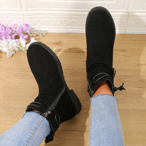 Women Buckle Decor Tie Side Faux Suede Boots