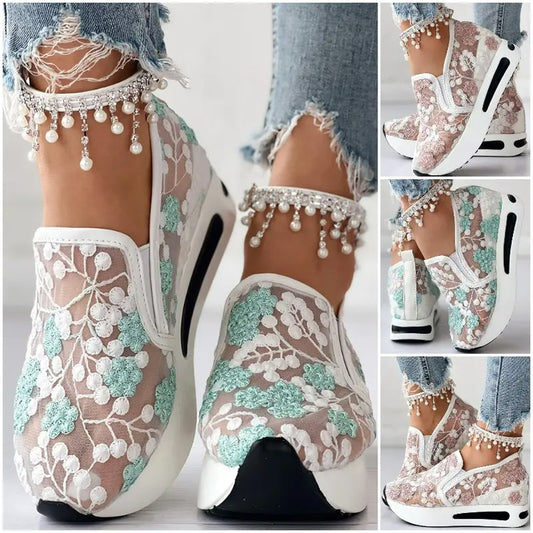 2024 principios de la primavera nueva malla zapatos individuales señaló muffin grueso fondo zapatos casuales bordados zapatos de las mujeres