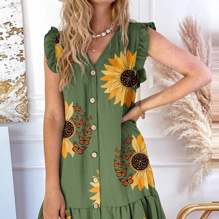 Envío gratis🔥Vestido suelto estampado con cuello de pico y botones - España