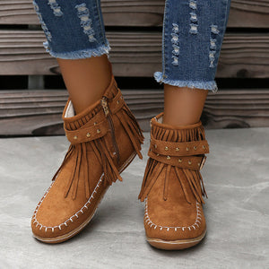 Women's Suede Fringe Drop Round Toe Flat Boots