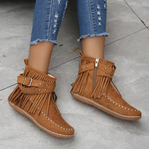 Women's Suede Fringe Drop Round Toe Flat Boots