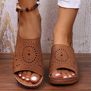 Ethnic Pattern Punched Hollow Velcro Vintage Sandals