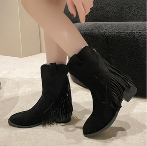 Winter tassel thick heel pointed toe high boots