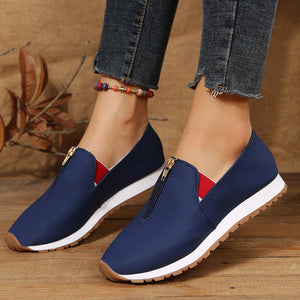 Ladies Front Zipper Pointed Toe Flat Elastic Shoes for Women