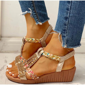 Women's Casual Rhinestone Wedge Round Toe Sandals