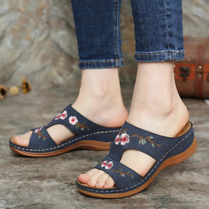 Hollow Flower Embroidered Wedge Ladies Slippers