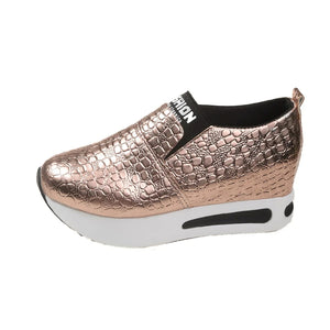 Metallic Thick Bottom Slip On Women Pumps