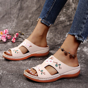 Hollow Flower Embroidered Wedge Ladies Slippers