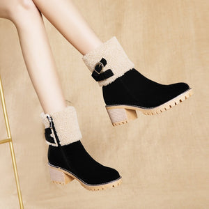 Women's thick heel leather buckle warm boots