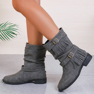 Women's Ankle Boots With Buckle Retro Combat Ankle Boots Fall Winter PU Leather Short Boots