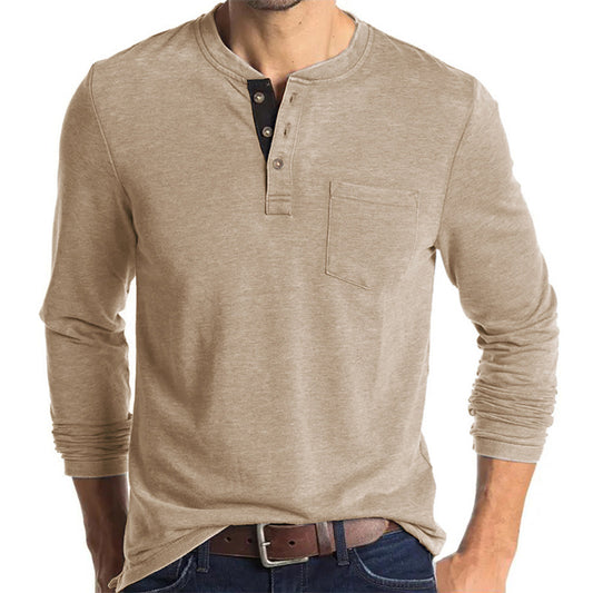Mens Casual Round Neck Buttons Shirt Tops Soild Color Long Sleeves Slim Fit Tee