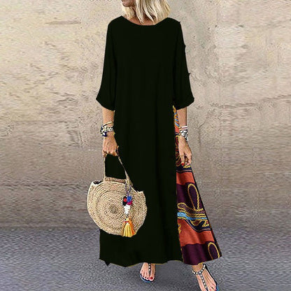 Colarinho redondo floral de outono com botões de bloqueio de cor e vestido de mangas patchwork. Solto e confortável, com cores de retalhos para um ar de elegância e generosidade. Disponível em 12 cores à escolha.