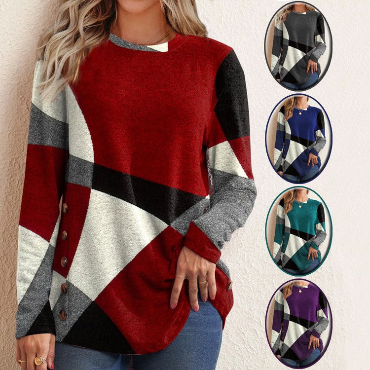 Camisola de manga comprida com colisão geométrica estampada solta para mulheres