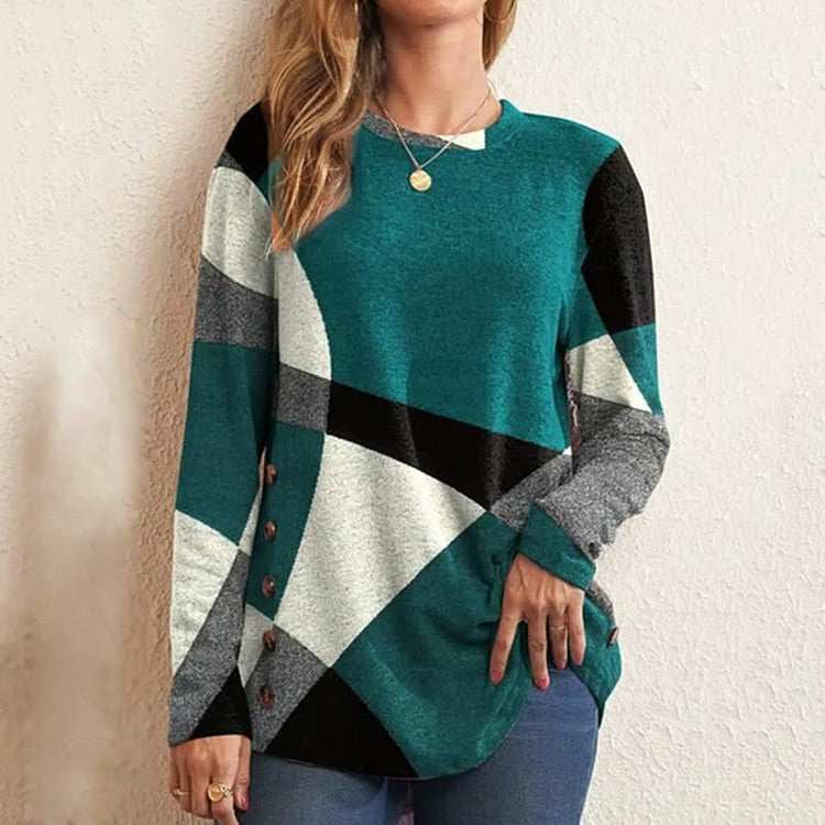 Camisola de manga comprida com colisão geométrica estampada solta para mulheres