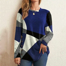 Load image into Gallery viewer, Camisola de manga comprida com colisão geométrica estampada solta para mulheres
